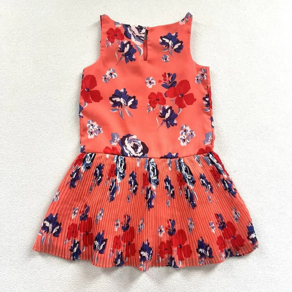 Janie And Jack Girl Vivid Coral Floral Print Chiffon Pleated Sleeveless Dress 6